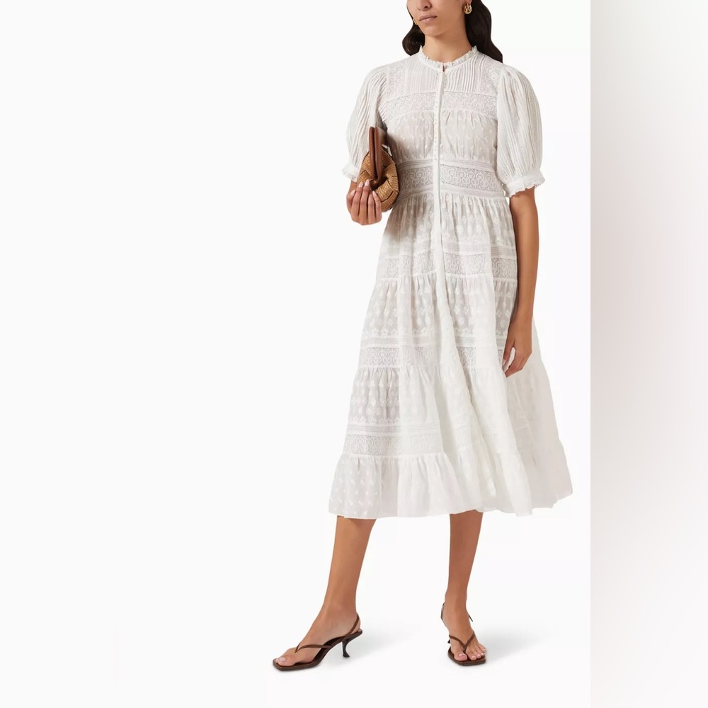 Doen Rolande Tiered Embroidered Organic Cotton-Voile Midi Dress in Salt